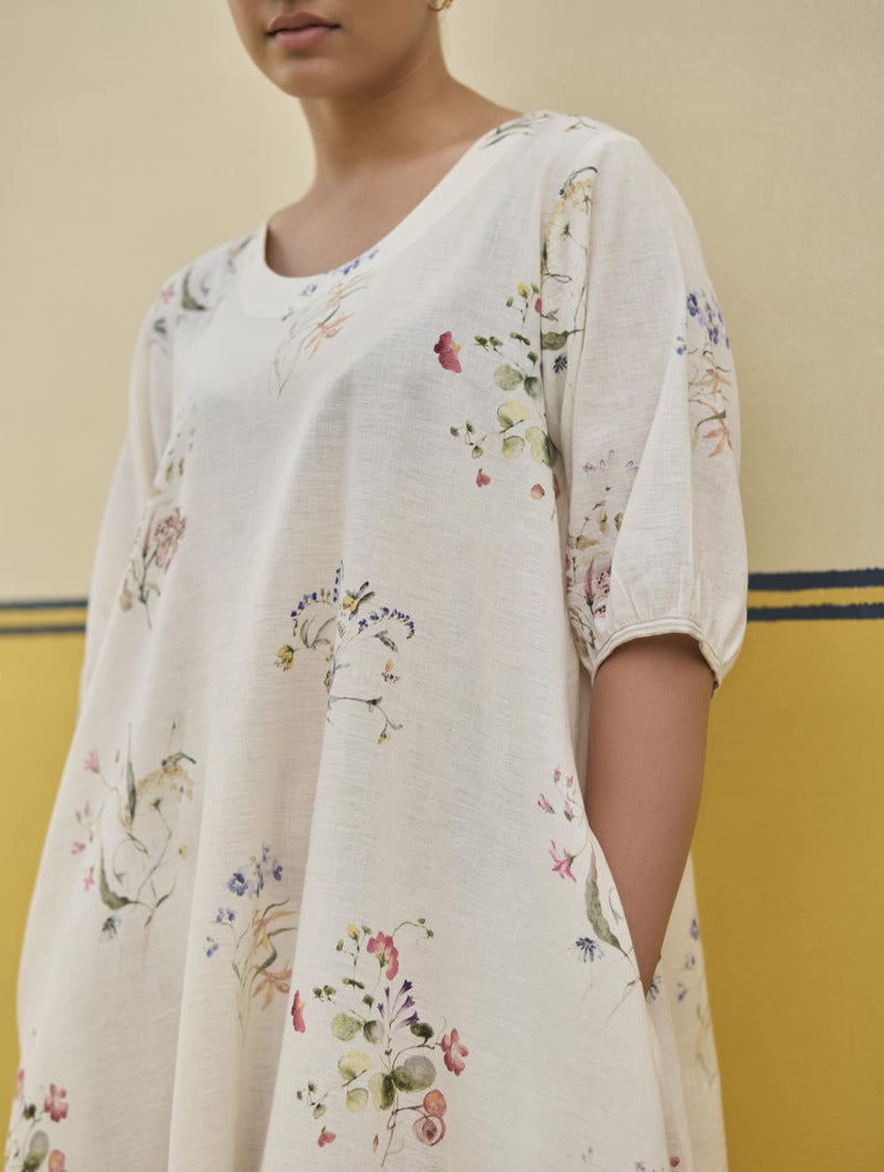 Kaya Watercolour Floral Linen Dress
 - Ivory linen by Manan in ivory color for women Worldwide
