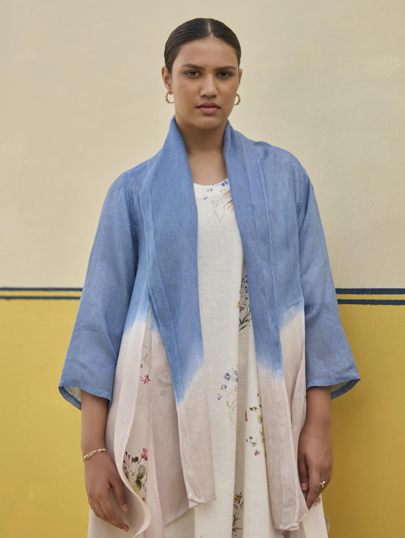 Kaya Floral Linen Dress With Overlay
 - Ivory linen by Manan in ivory color for women Worldwide