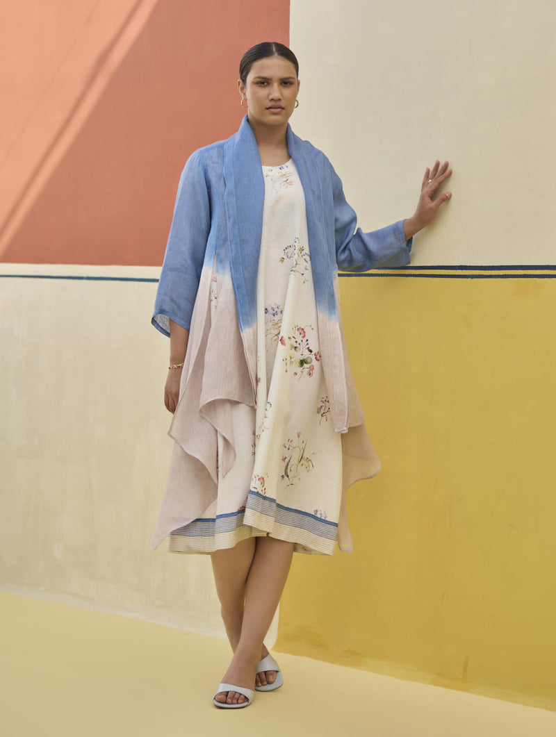 Kaya Floral Linen Dress With Overlay
 - Ivory linen by Manan in ivory color for women Worldwide