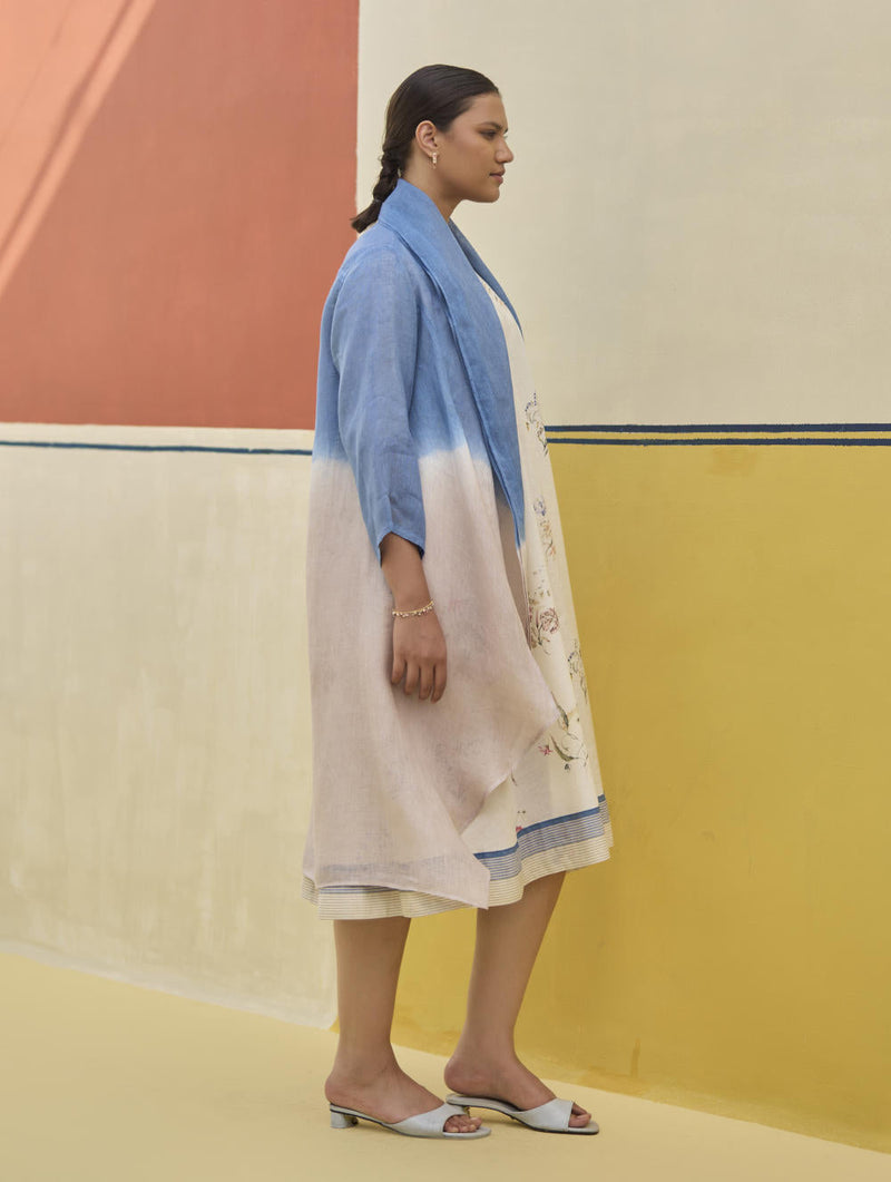 Kaya Floral Linen Dress With Overlay
 - Ivory linen by Manan in ivory color for women Worldwide
