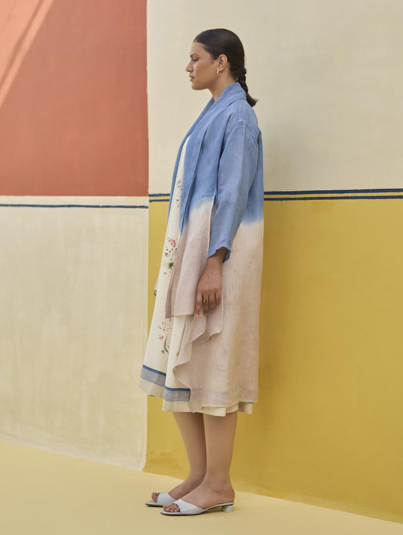 Kaya Floral Linen Dress With Overlay
 - Ivory linen by Manan in ivory color for women Worldwide