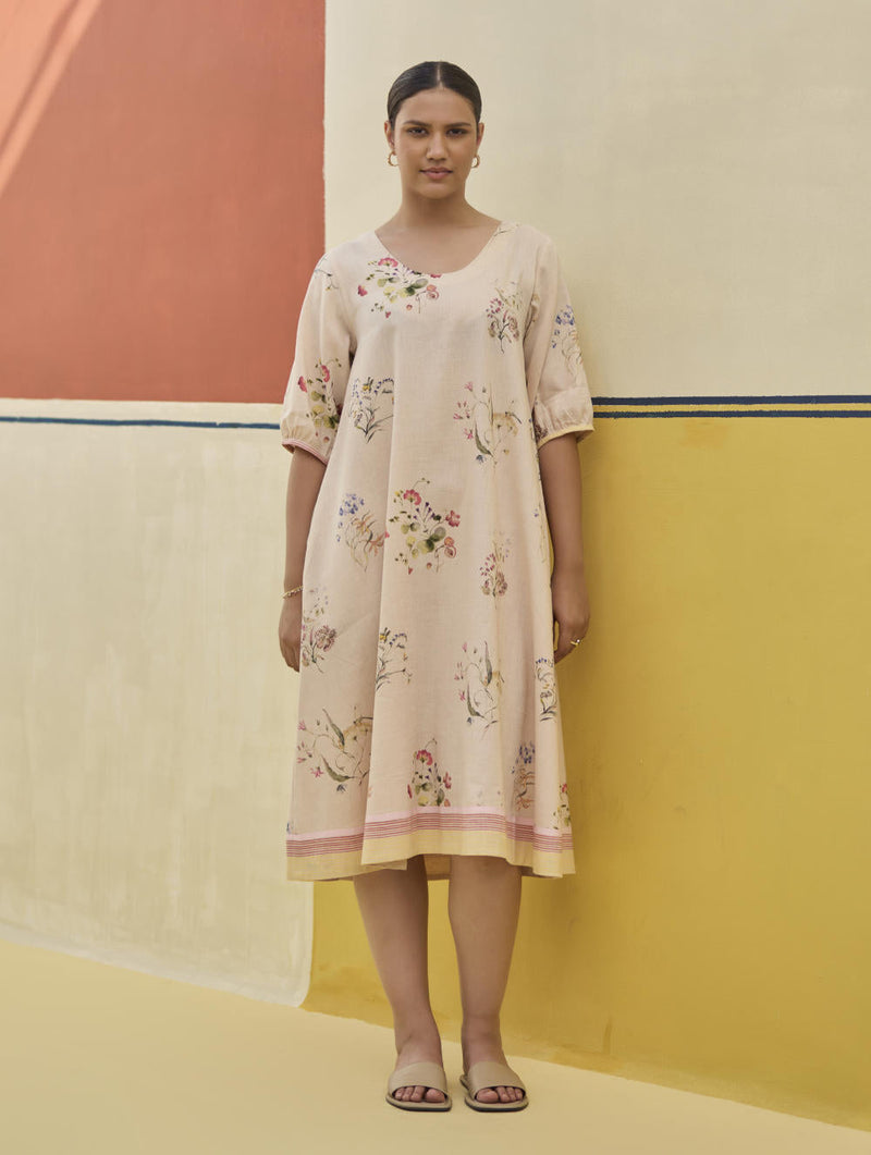 Kaya Floral Linen Dress With Overlay
 - Ivory linen by Manan in ivory color for women Worldwide