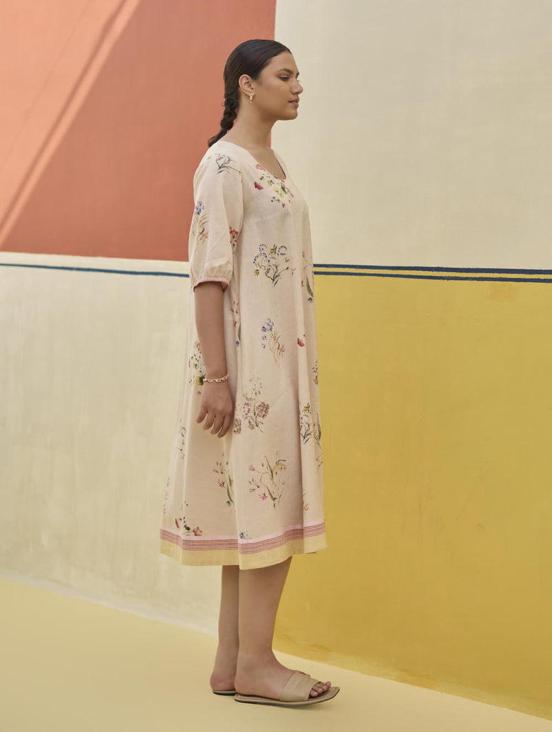 Kaya Floral Linen Dress With Overlay
 - Sand linen by Manan in natural color for women Worldwide