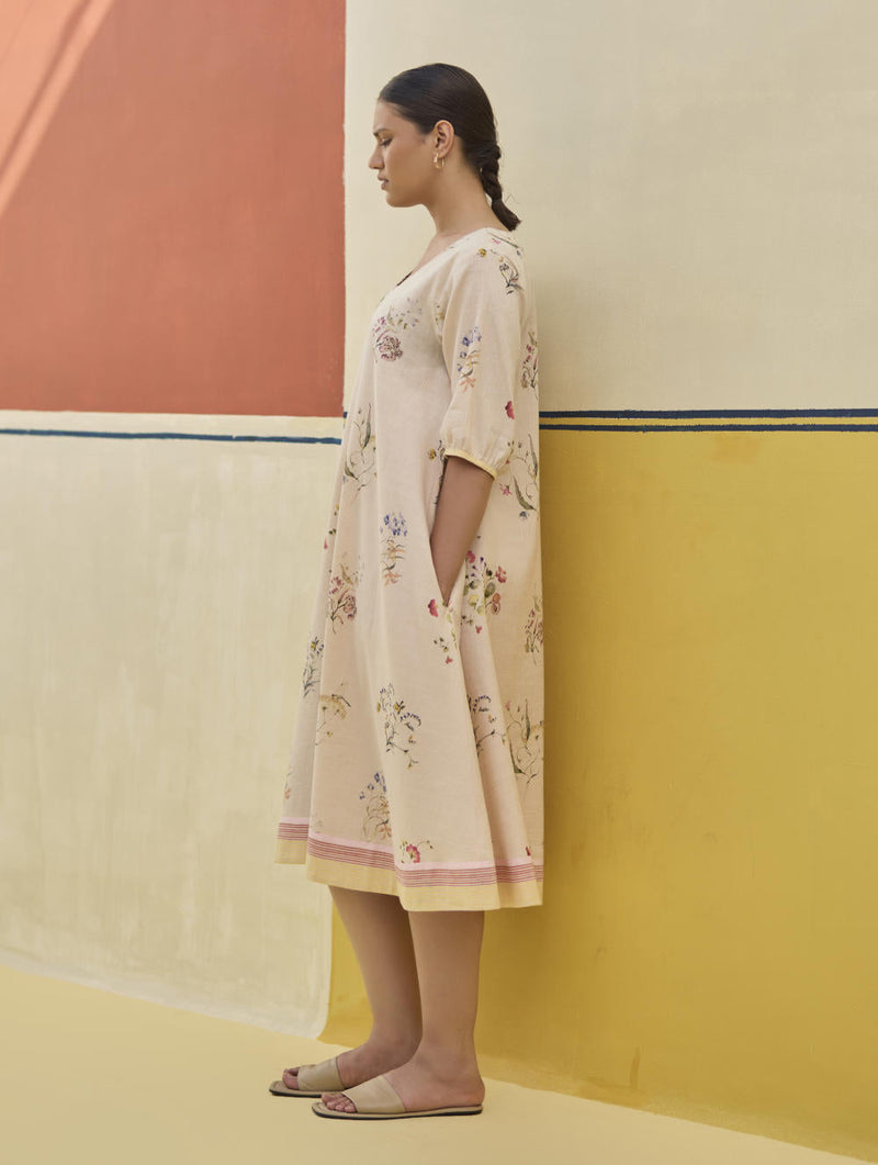 Kaya Watercolour Floral Linen Dress
 - Sand linen by Manan in natural color for women Worldwide