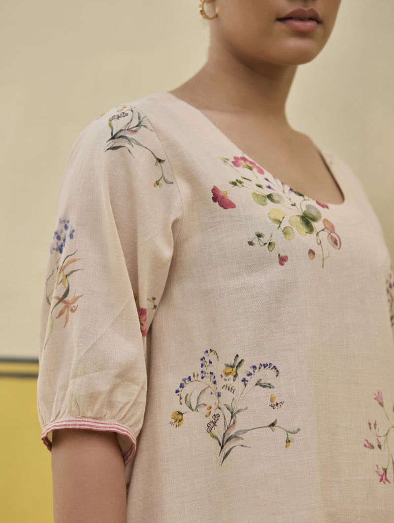 Kaya Watercolour Floral Linen Dress
 - Sand linen by Manan in natural color for women Worldwide