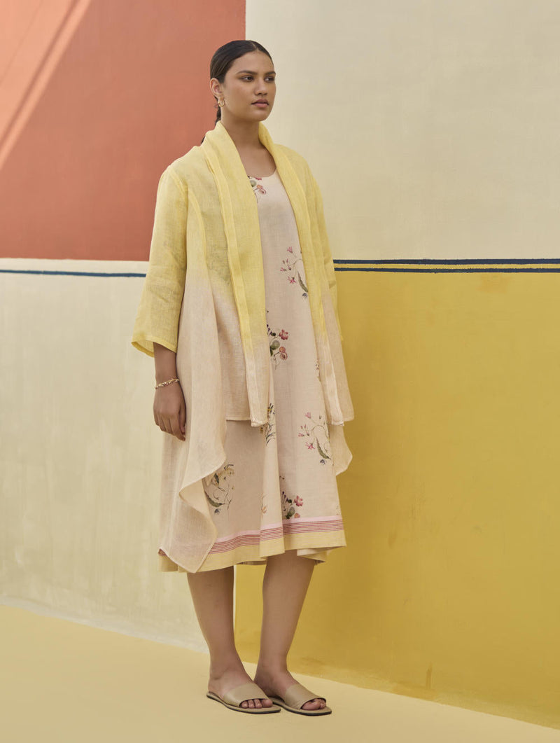 Kaya Floral Linen Dress With Overlay
 - Sand linen by Manan in natural color for women Worldwide