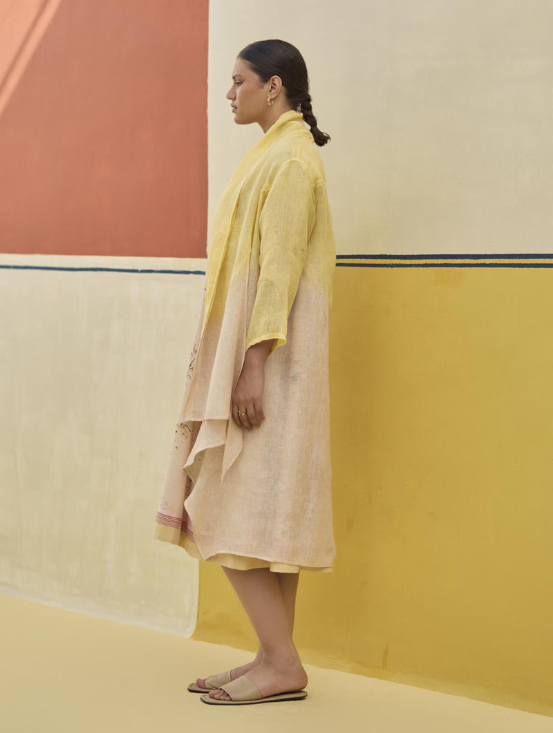 Kaya Floral Linen Dress With Overlay
 - Sand linen by Manan in natural color for women Worldwide