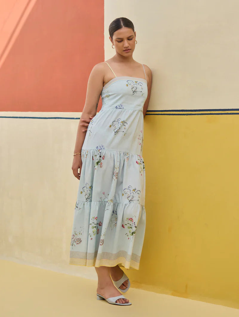 Hena Watercolour Floral Tiered Dress - Sky by Manan in blue color for women Worldwide