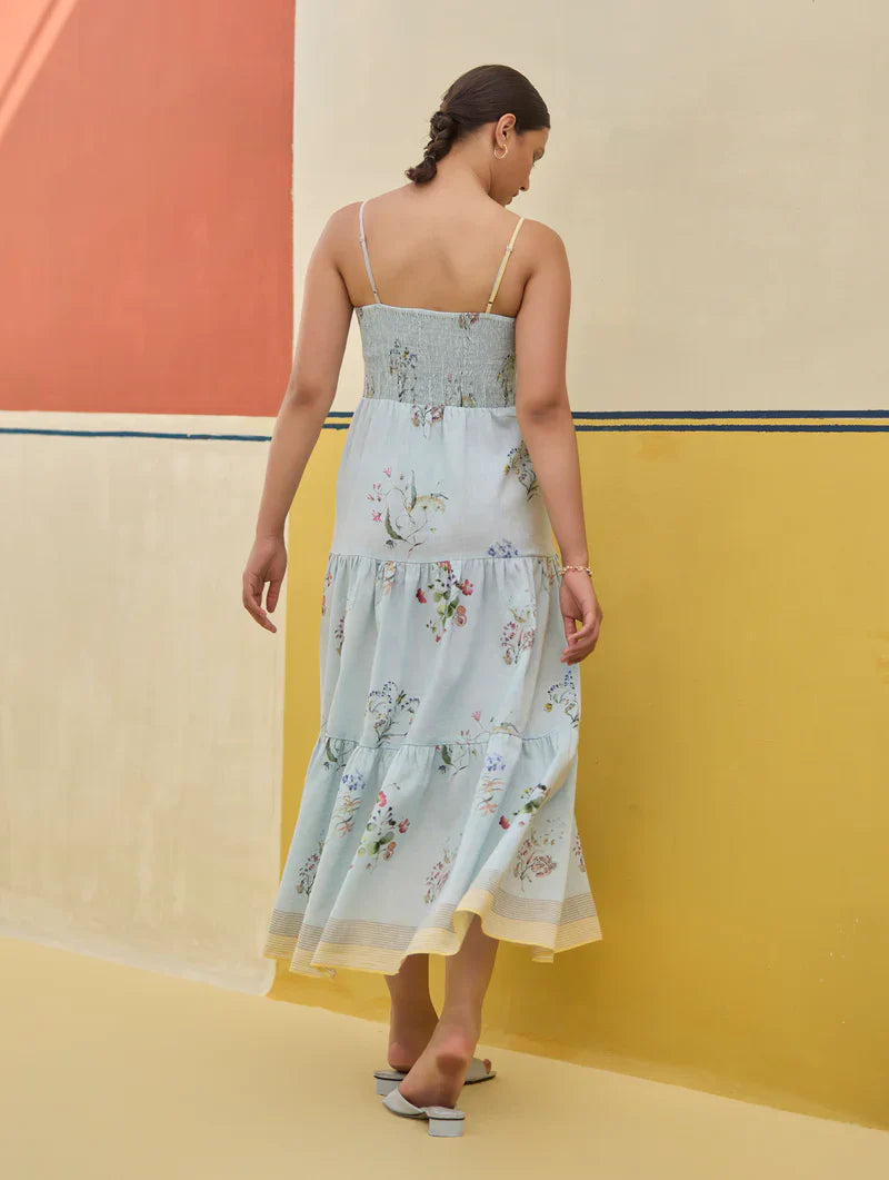 Hena Watercolour Floral Tiered Dress - Sky by Manan in blue color for women Worldwide