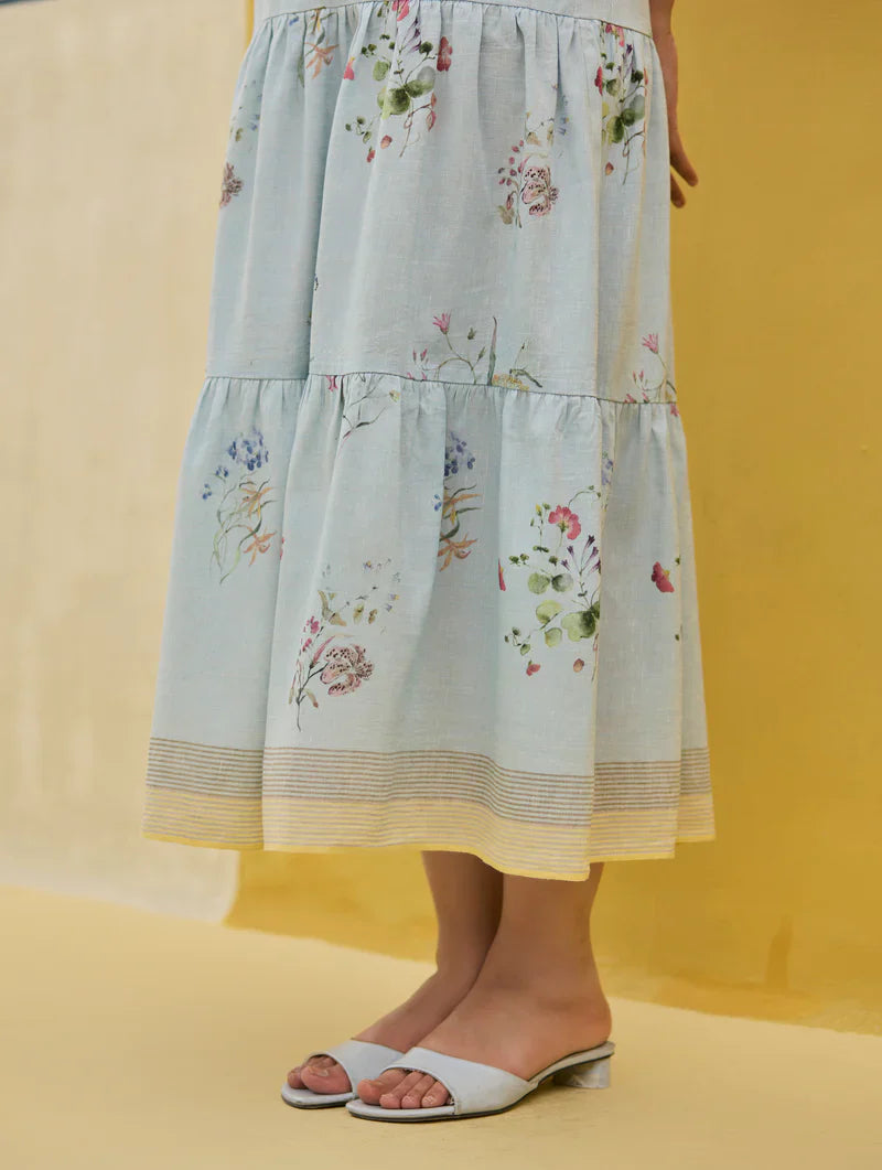 Hena Watercolour Floral Tiered Dress - Sky by Manan in blue color for women Worldwide