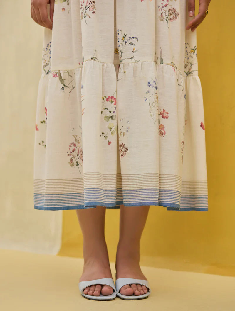 Hena Watercolour Floral Tiered Dress - Ivory by Manan in ivory color for women Worldwide