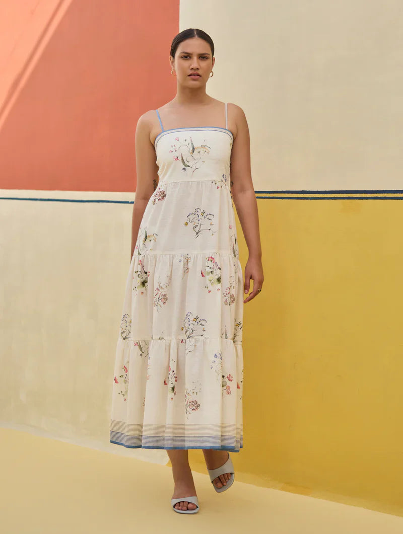 Hena Watercolour Floral Tiered Dress - Ivory by Manan in ivory color for women Worldwide