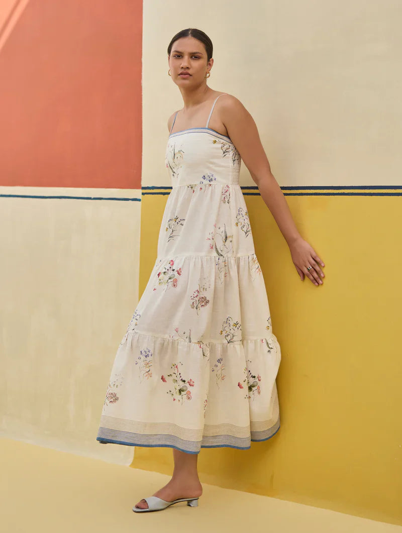 Hena Watercolour Floral Tiered Dress - Ivory by Manan in ivory color for women Worldwide