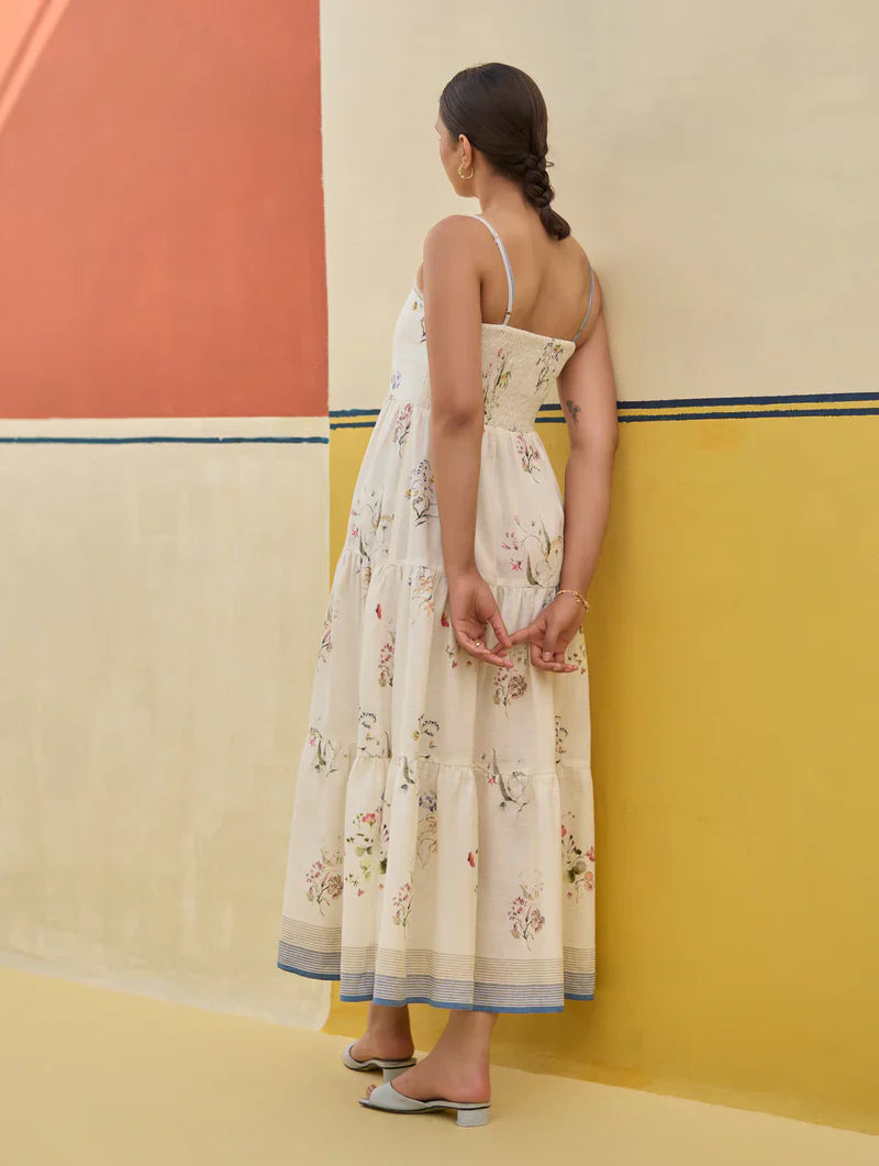 Hena Watercolour Floral Tiered Dress - Ivory by Manan in ivory color for women Worldwide