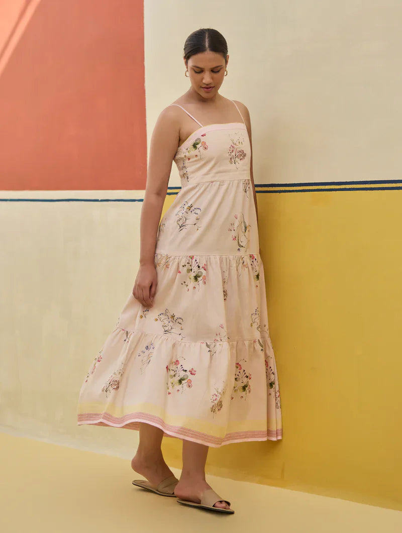 Hena Watercolour Floral Tiered Dress - Sand by Manan in natural color for women Worldwide