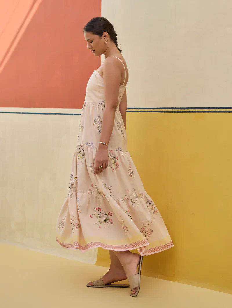 Hena Watercolour Floral Tiered Dress - Sand by Manan in natural color for women Worldwide
