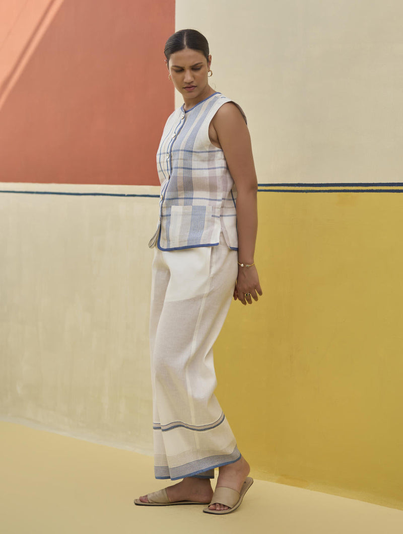 Dana Check Linen Waistcoat - Ivory by Manan in ivory color for women Worldwide