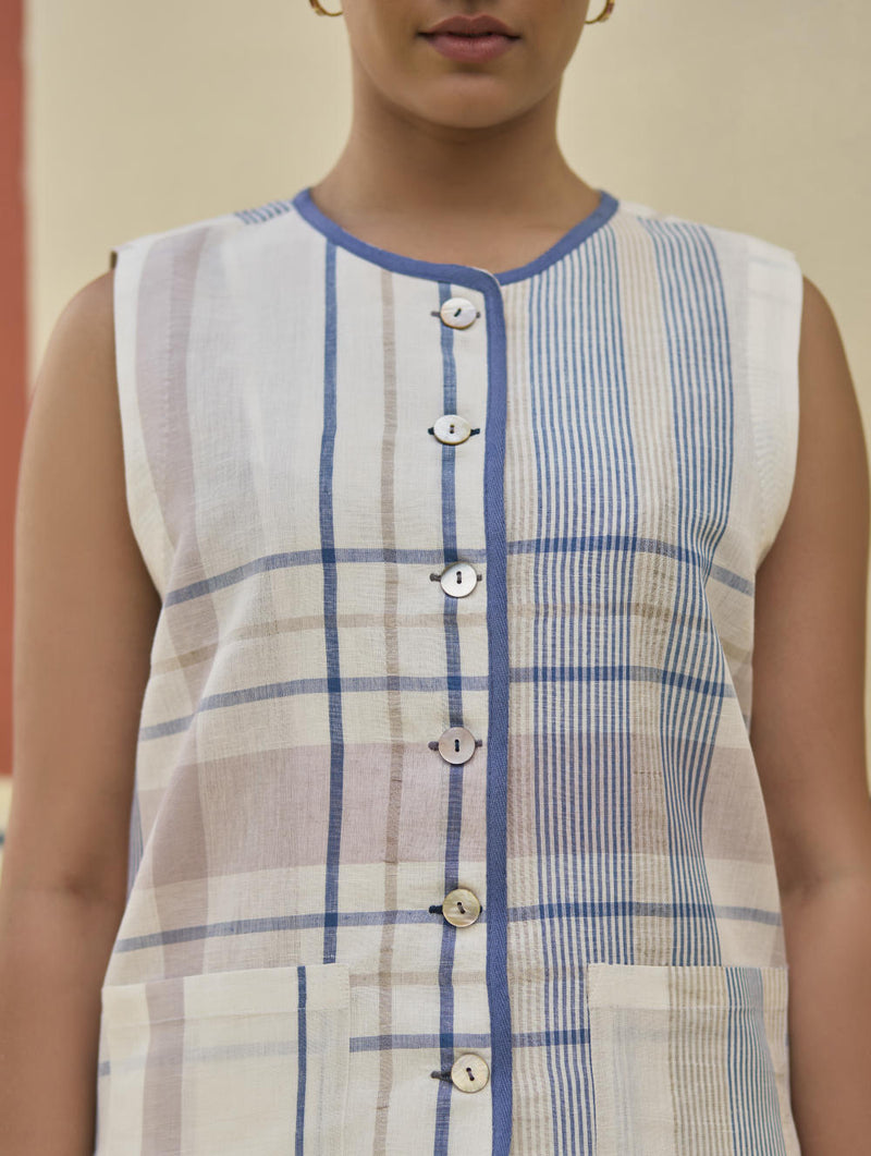 Dana Check Linen Waistcoat - Ivory by Manan in ivory color for women Worldwide