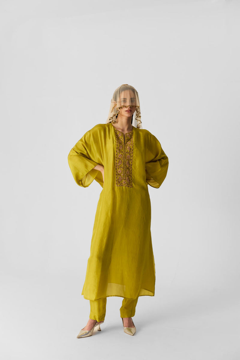 LIME KAFTAN SET silk by Yam for women Worldwide