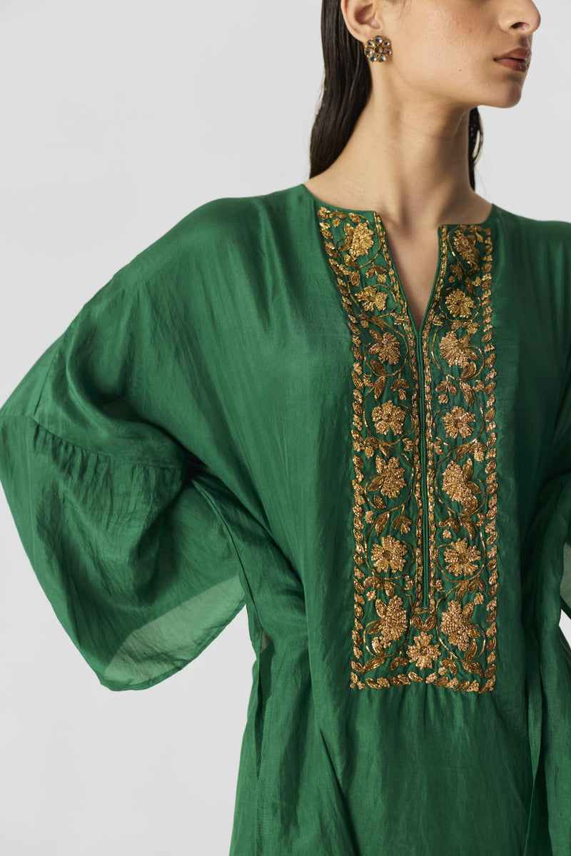 ROYAL GREEN KAFTAN SET silk by Yam in green color for women Worldwide