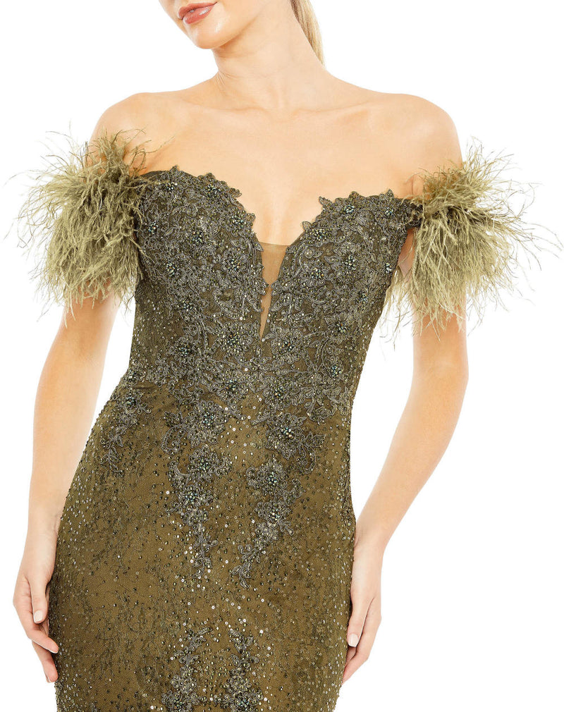 MD-20246 Off Shoulder Mermaid Gown-Green by Mac Duggal in green color for women Worldwide
