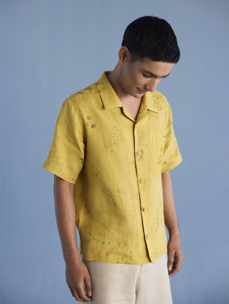 Haru Embroidered Pocket Floral Linen Shirt - Ochre