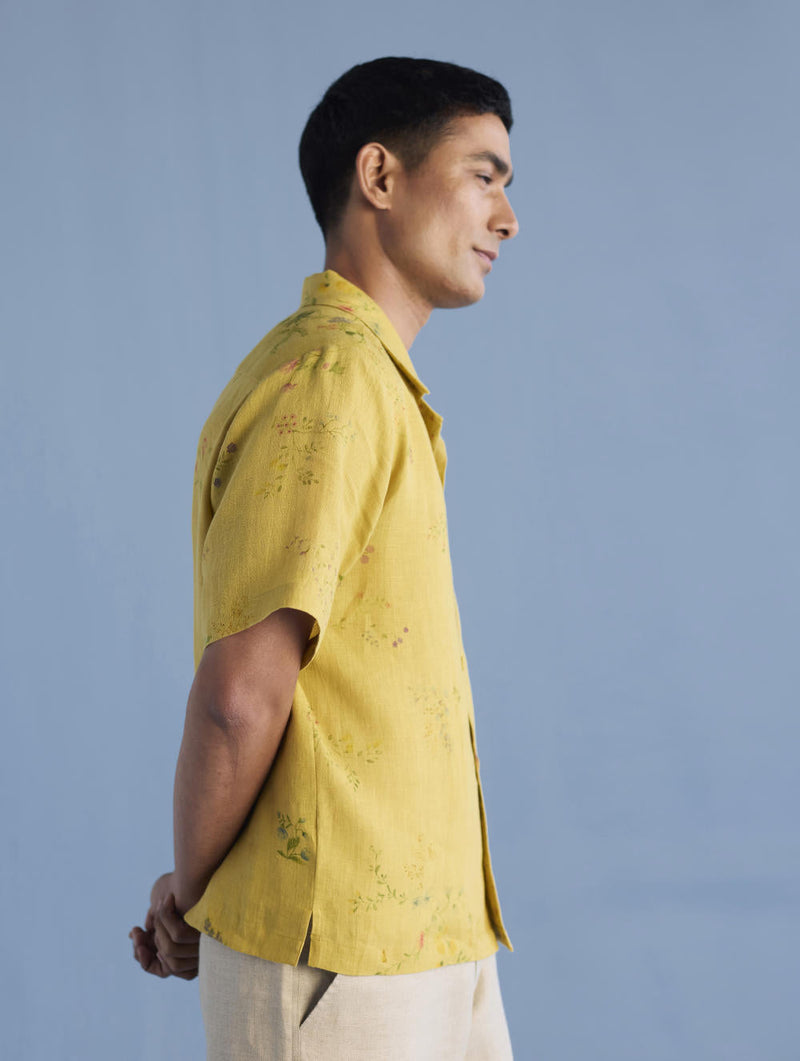 Haru Embroidered Pocket Floral Linen Shirt - Ochre