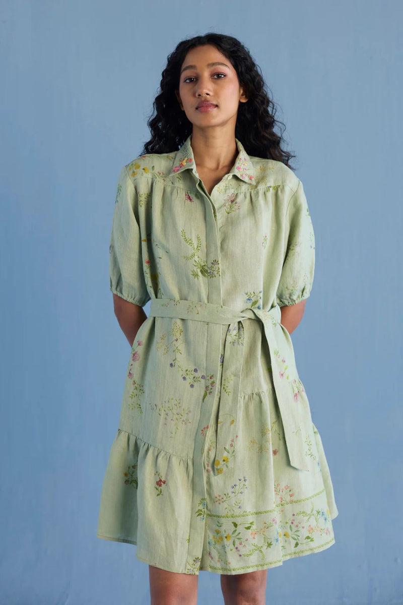 Sia Hand-Embroidered Floral Dress - Mint linen by Manan in mint color for women Worldwide