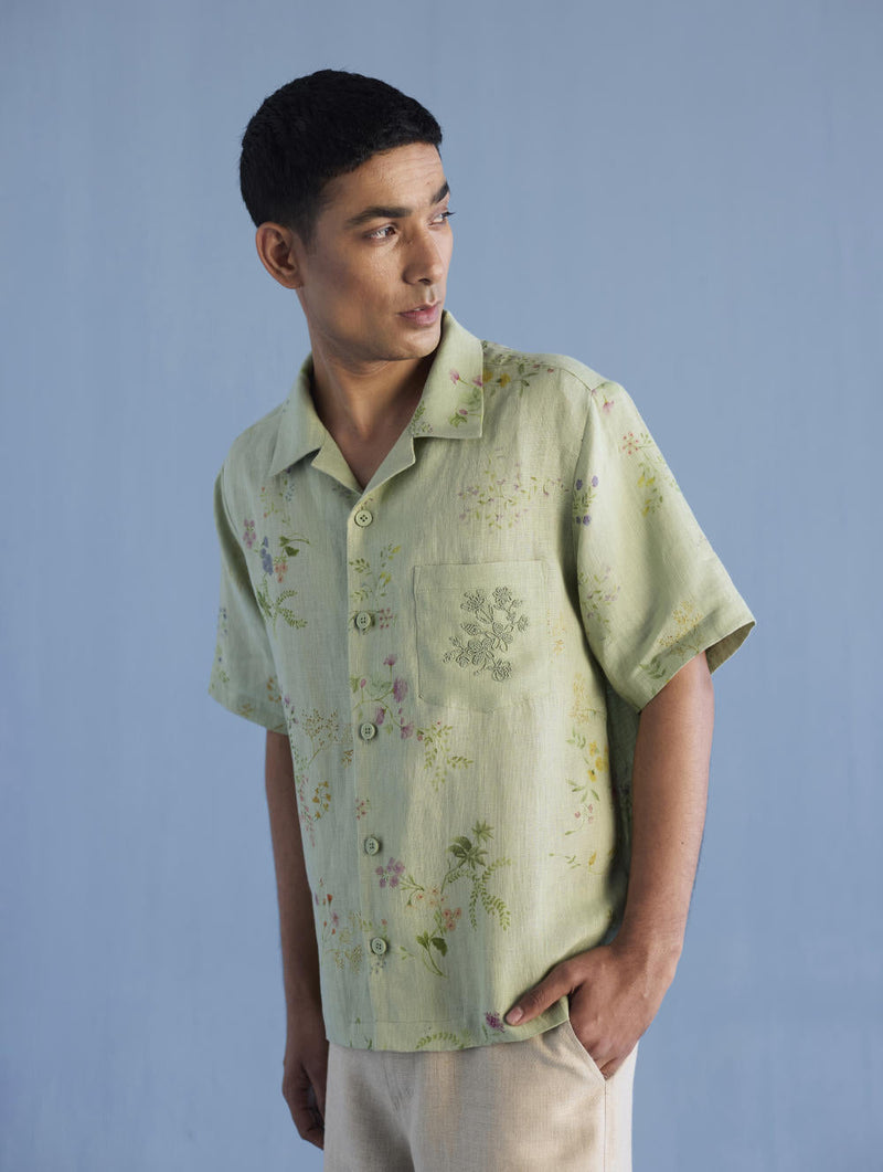 Haru Embroidered Pocket Floral Linen Shirt - Mint