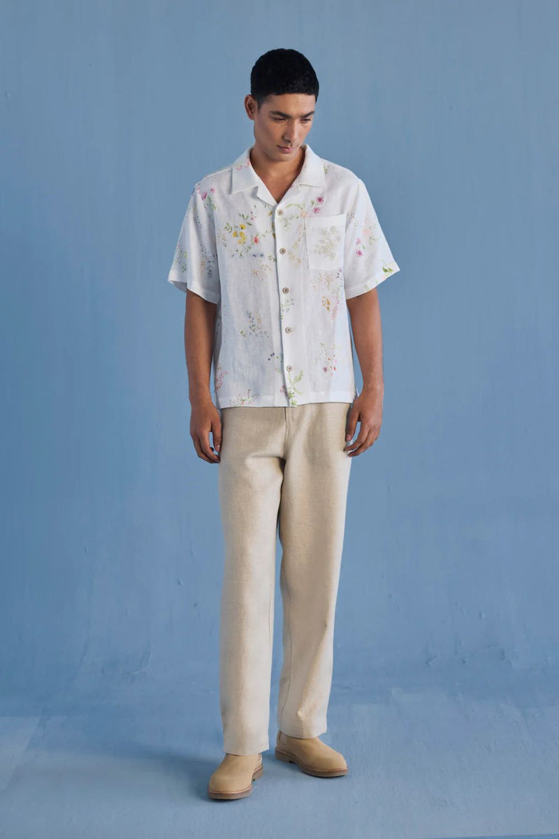 Haru Embroidered Pocket Floral Linen Shirt - White
