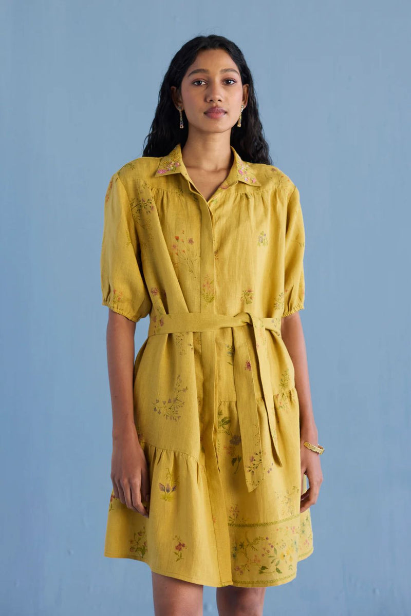 Sia Hand-Embroidered Floral Dress - Ochre linen by Manan for women Worldwide