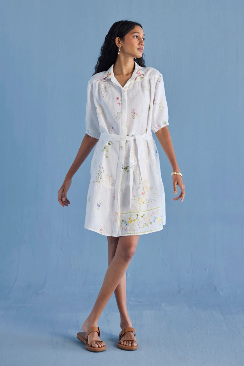 Sia Hand-Embroidered Floral Dress - White linen by Manan in white color for women Worldwide