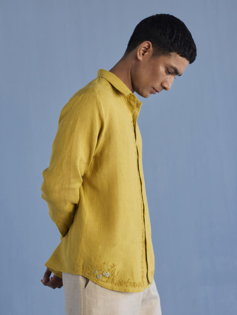 Kuru Hand-Embroidered Linen Shirt - Ochre
