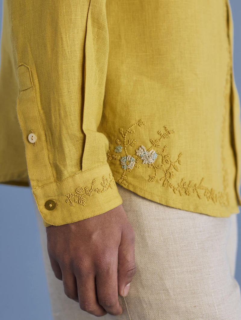 Kuru Hand-Embroidered Linen Shirt - Ochre