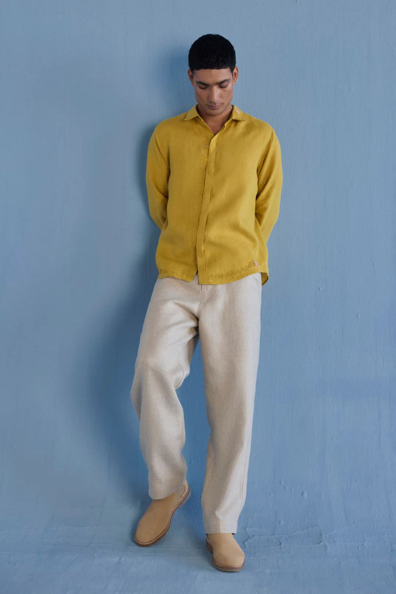 Kuru Hand-Embroidered Linen Shirt - Ochre