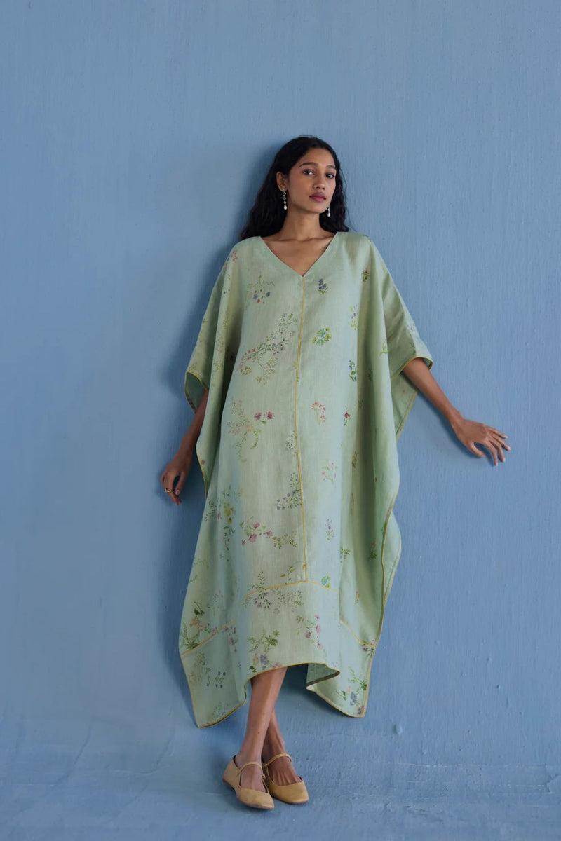 Eva Floral Linen Kaftan Dress - Mint linen by Manan in mint color for women Worldwide