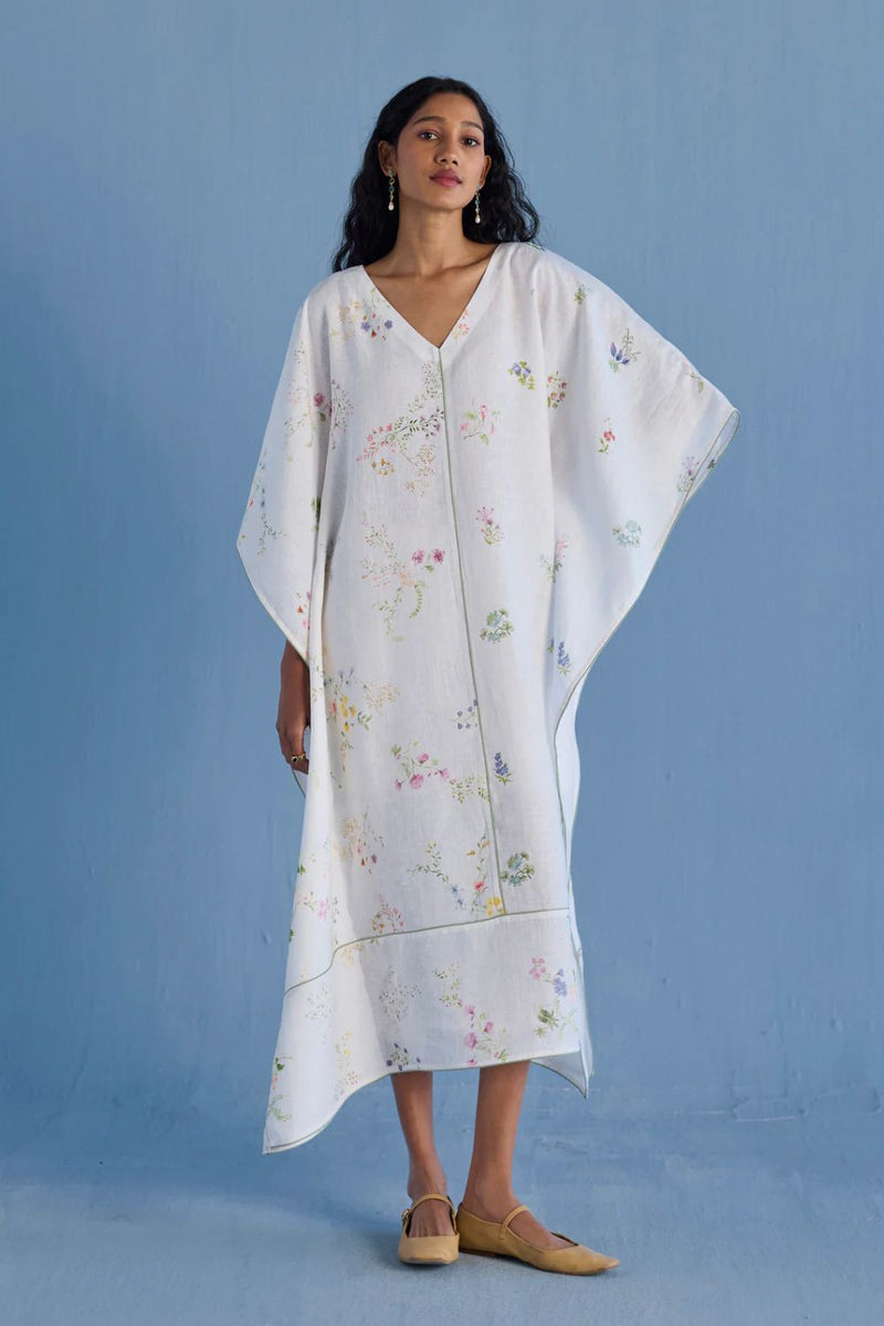 Eva Floral Linen Kaftan Dress - White linen by Manan in white color for women Worldwide