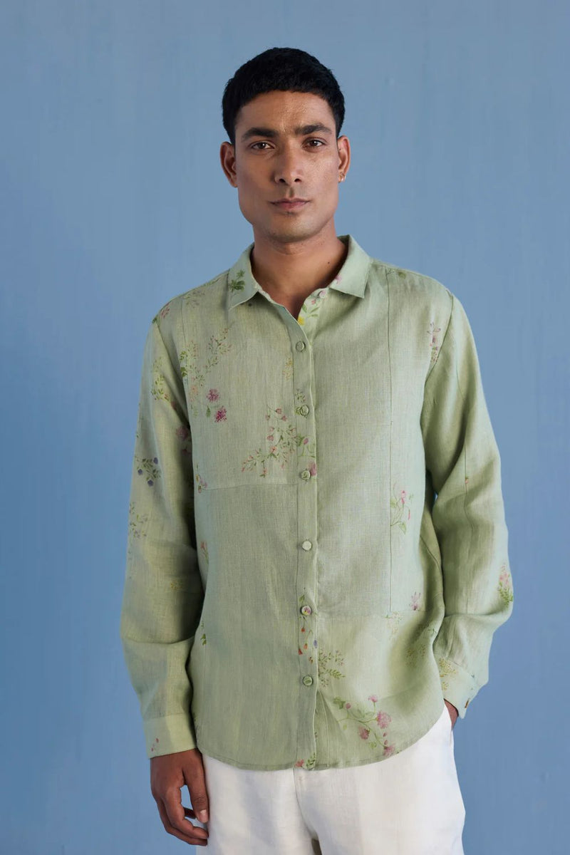 Gin Patchwork Floral Linen Shirt - Mint