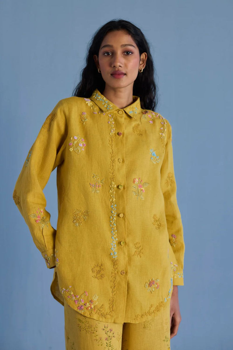 Alila Hand-Embroidered Linen Shirt - Ochre linen by Manan for women Worldwide