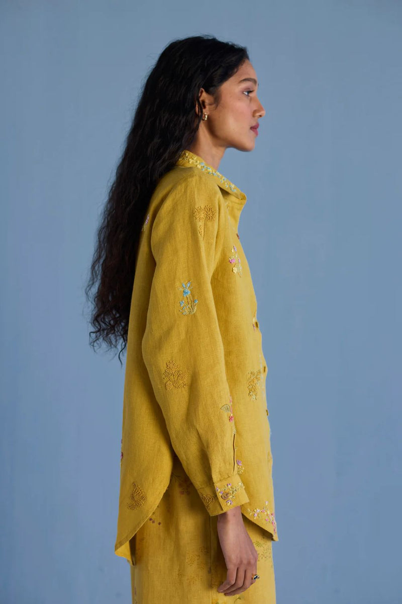 Alila Hand-Embroidered Linen Shirt - Ochre linen by Manan for women Worldwide