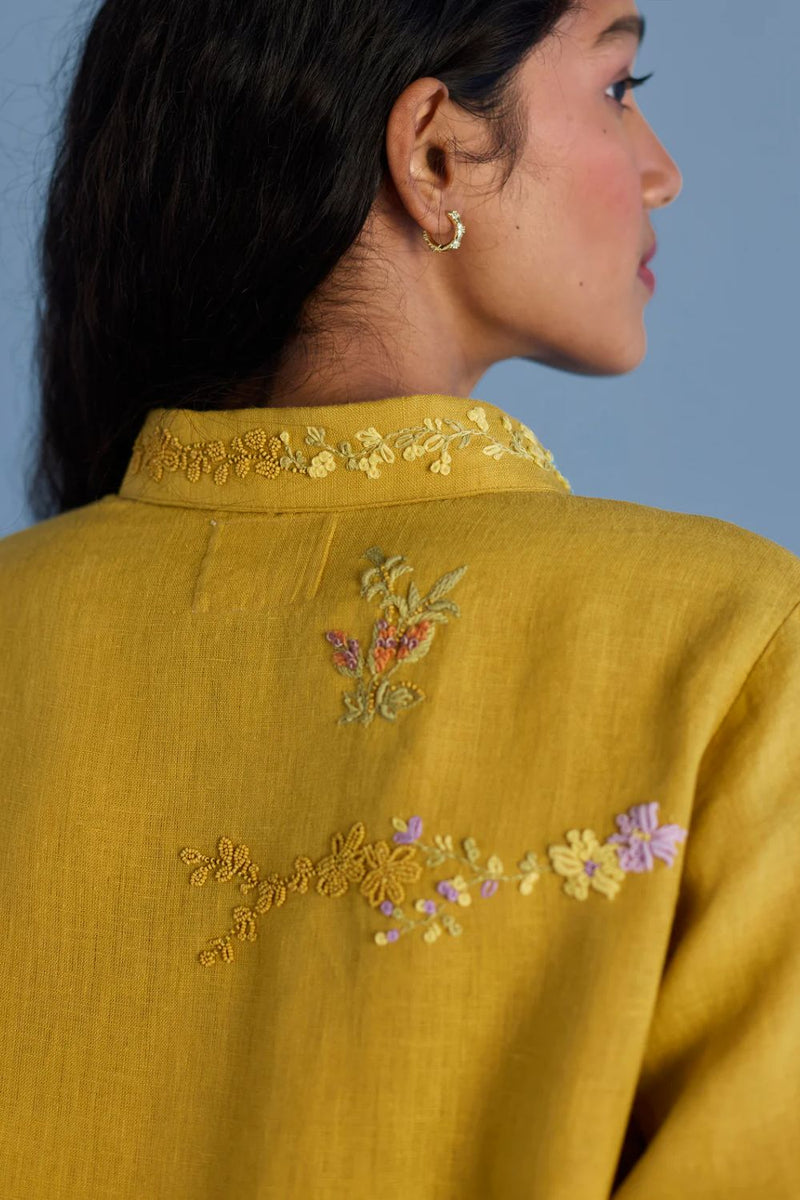 Alila Hand-Embroidered Linen Shirt - Ochre linen by Manan for women Worldwide