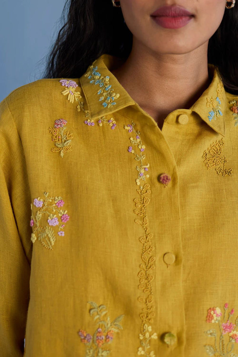 Alila Hand-Embroidered Linen Shirt - Ochre linen by Manan for women Worldwide