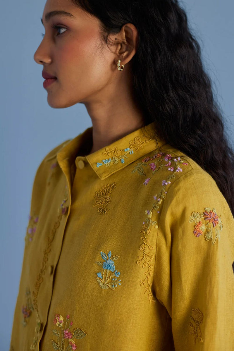 Alila Hand-Embroidered Linen Shirt - Ochre linen by Manan for women Worldwide