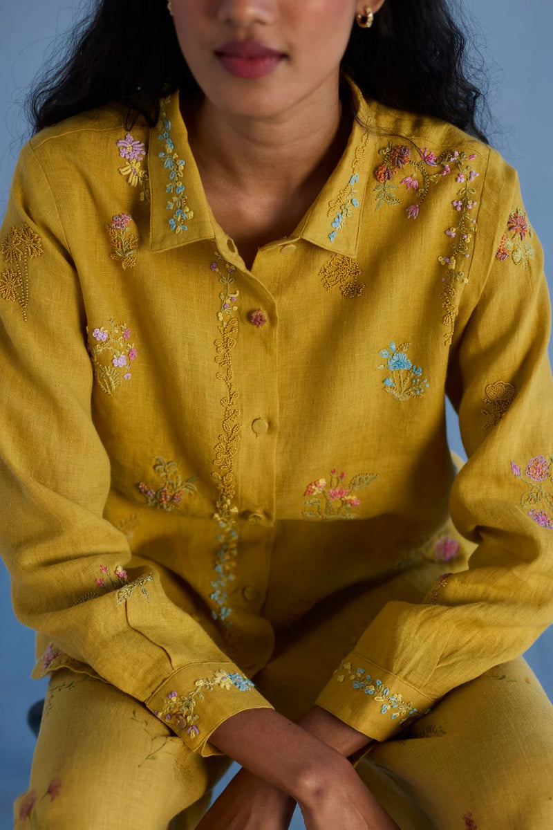 Alila Hand-Embroidered Linen Shirt - Ochre linen by Manan for women Worldwide