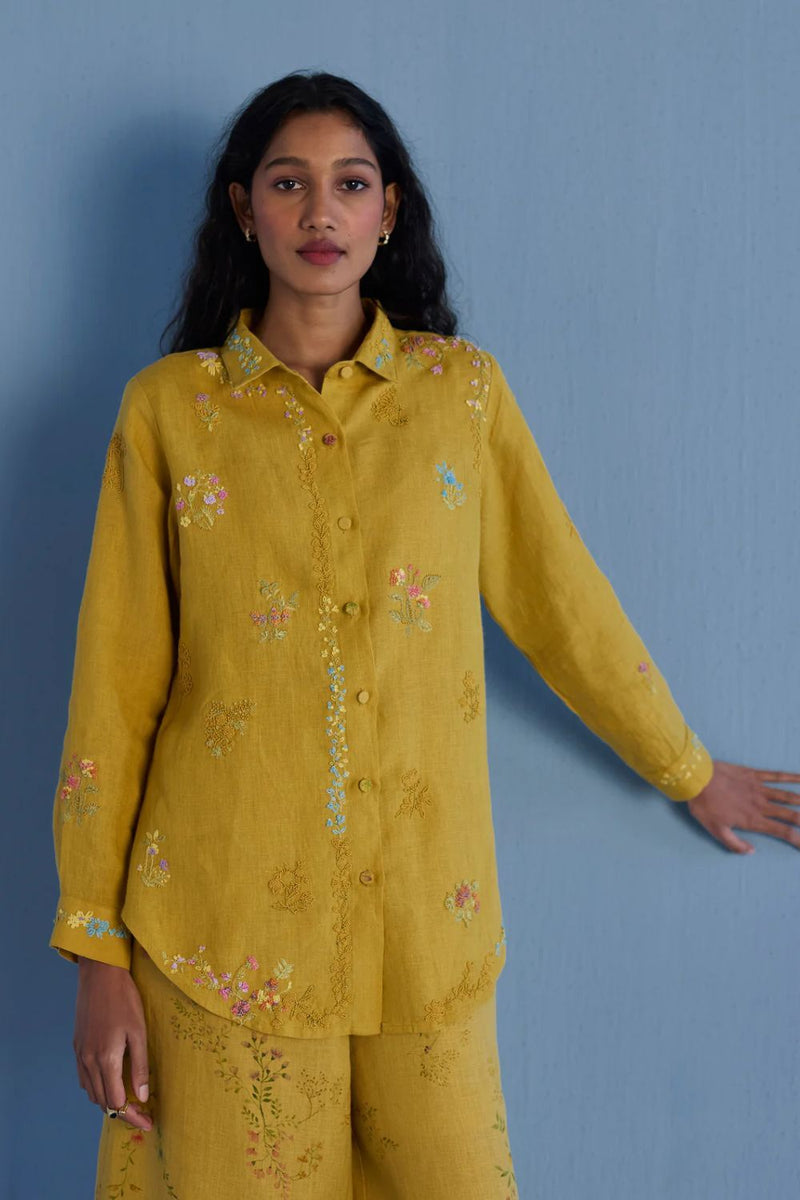 Alila Hand-Embroidered Linen Shirt - Ochre linen by Manan for women Worldwide