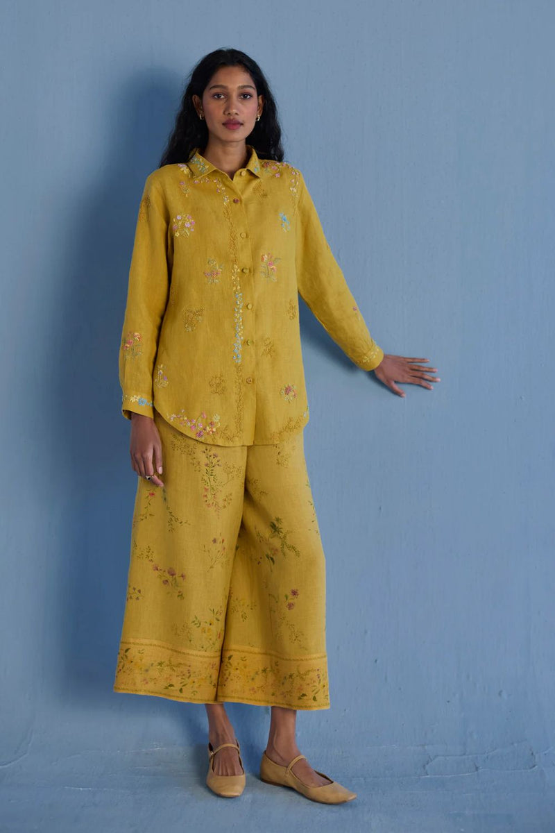 Alila Hand-Embroidered Linen Shirt - Ochre linen by Manan for women Worldwide