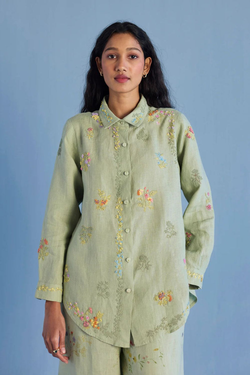 Alila Hand-Embroidered Linen Shirt - Mint linen by Manan in mint color for women Worldwide