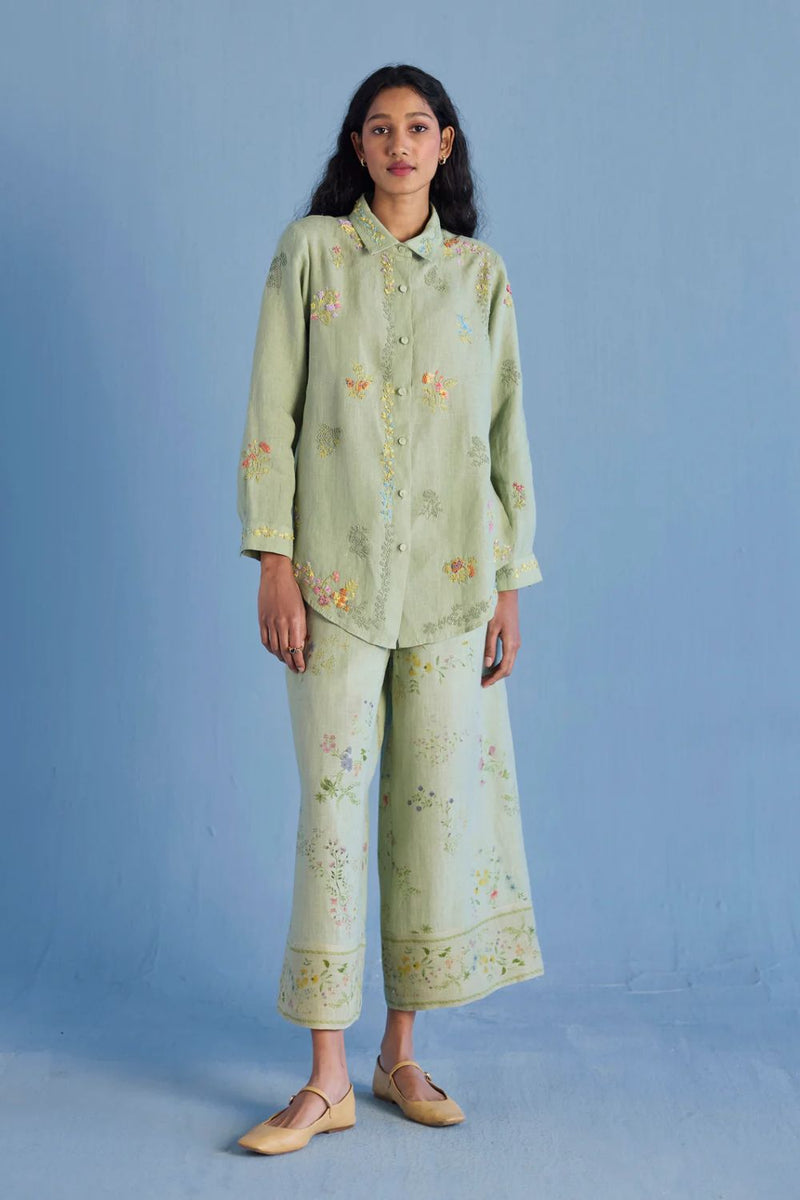Alila Embroidered Oversized Co-ord Set - Mint linen by Manan in mint color for women Worldwide