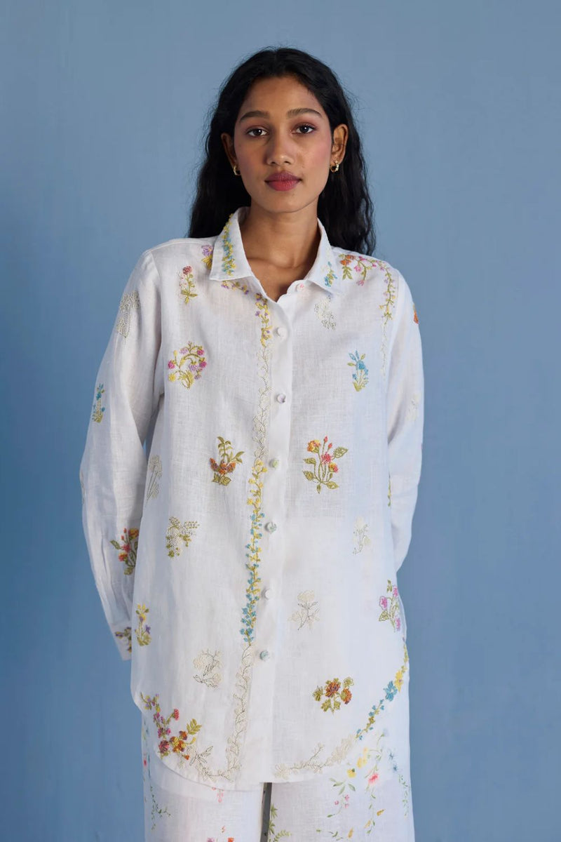 Alila Hand-Embroidered Linen Shirt - White linen by Manan in white color for women Worldwide