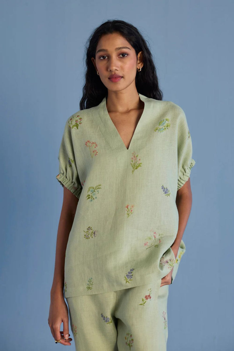 Mihen Elasticated Sleeve Linen Top - Mint linen by Manan in mint color for women Worldwide